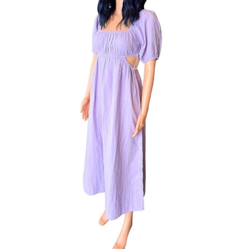 Billabong On The Coast Midi Dress Medium NWT Purple Puff Sleeve Cut Out Lavender - Picture 4 of 6